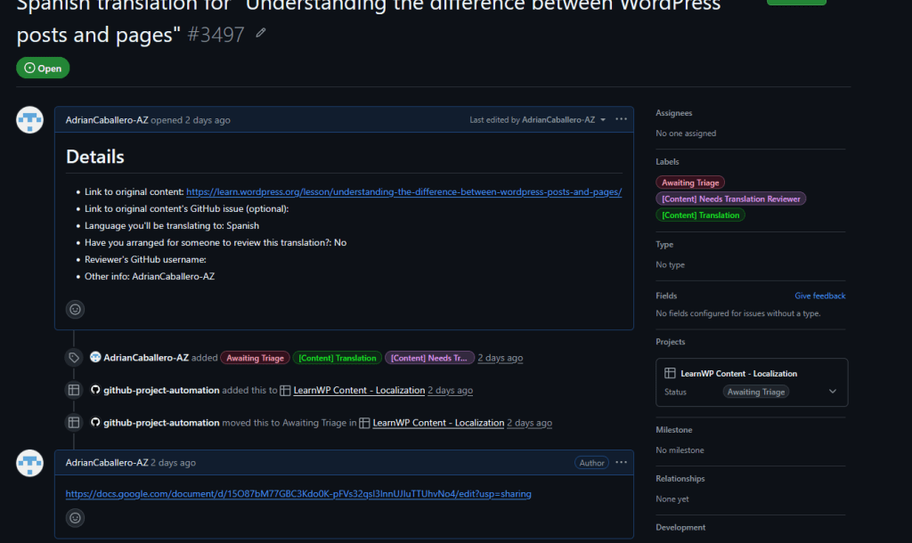 github screenshot of the issue Spanish translation for "Understanding the difference between WordPress posts and pages"